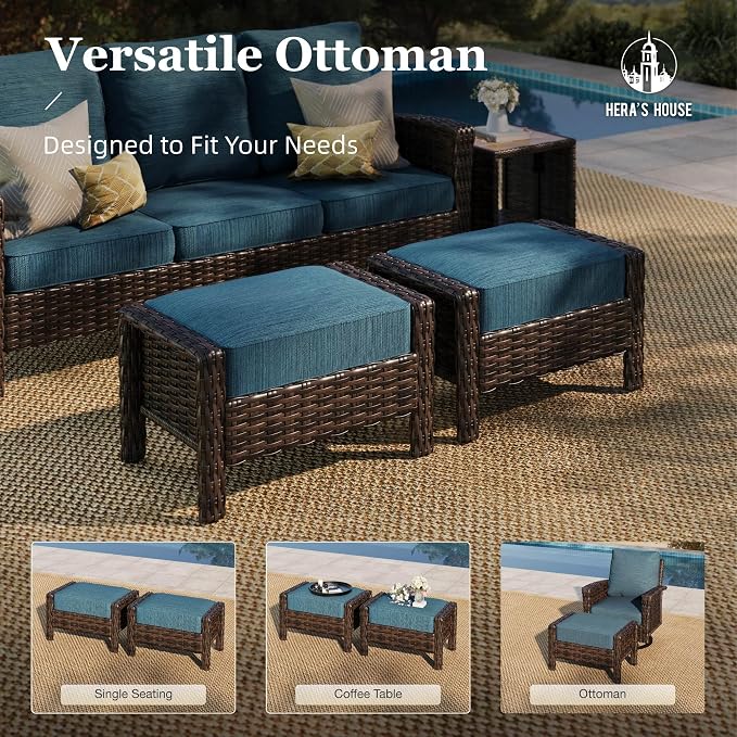 HERA'S HOUSE Wicker Patio Furniture Set, High Back Swivel Chairs with 5.5" Thick Cushions, 6-Piece Outdoor Seating Conversation Sets with Fire Pit Table & Ottomans for Deck Yard Garden, Blue