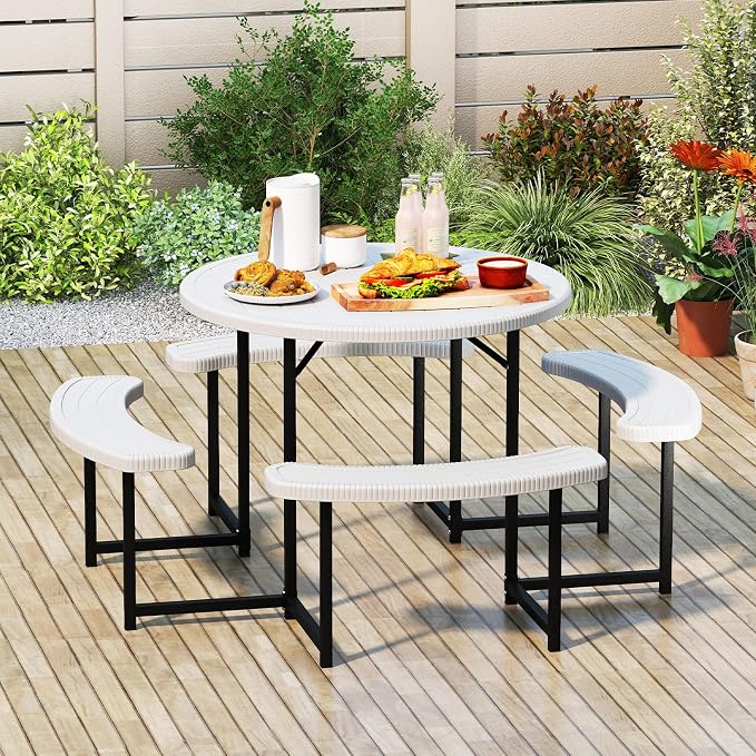 Tangkula 8 Person Picnic Table, HDPE Outdoor Round Table and Bench Set with 4 Built-in Benches, Umbrella Hole, Metal Frame for Garden Yard Patio Lawn