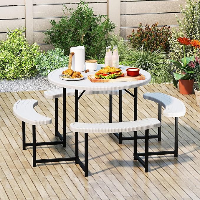 LDAILY Picnic Tables with Benches, Round Picnic Dining Table with 1520 lbs Capacity Metal Frame, HDPE Tabletop & Umbrella Hole, 8-Person Plastic Picnic Tables for Outdoors, Patio, Lawn, Yard (White)