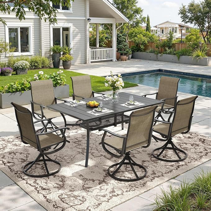 DIFY Outdoor Dining Set for 6, 7 Piece Patio Table and Chairs Set, Swivel Patio Chairs with Brown Textilene & 59.2" Black Rectangle Metal Dining Table with Umbrella Hole, for Garden Backyard Deck
