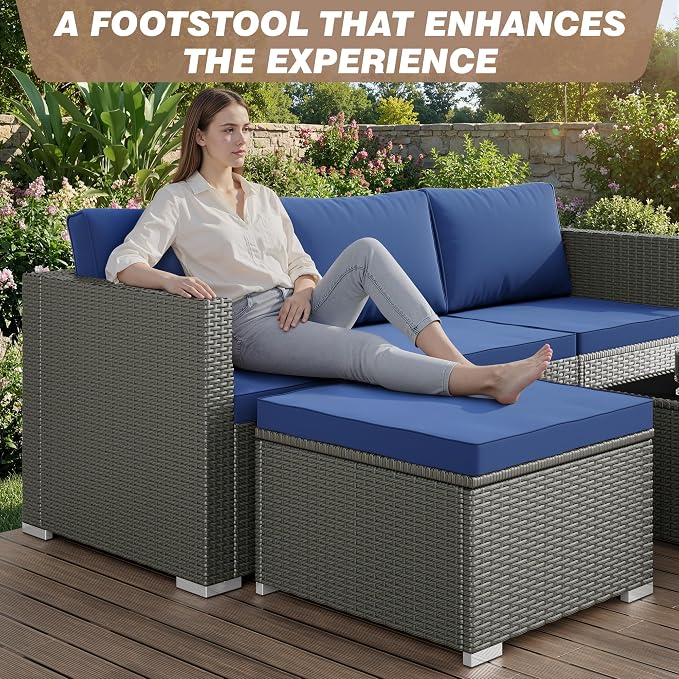 5 Piece Patio Furniture Sets, All-Weather PE Rattan Wicker Outdoor Sectional Sofa with Cushions and Glass Table for Garden Backyard Poolside
