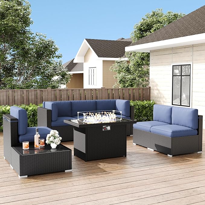 LayinSun 8 Pieces Patio Furniture Set with Fire Pit Table, Black Rattan Modular Sectional Patio Conversation Sofa Set