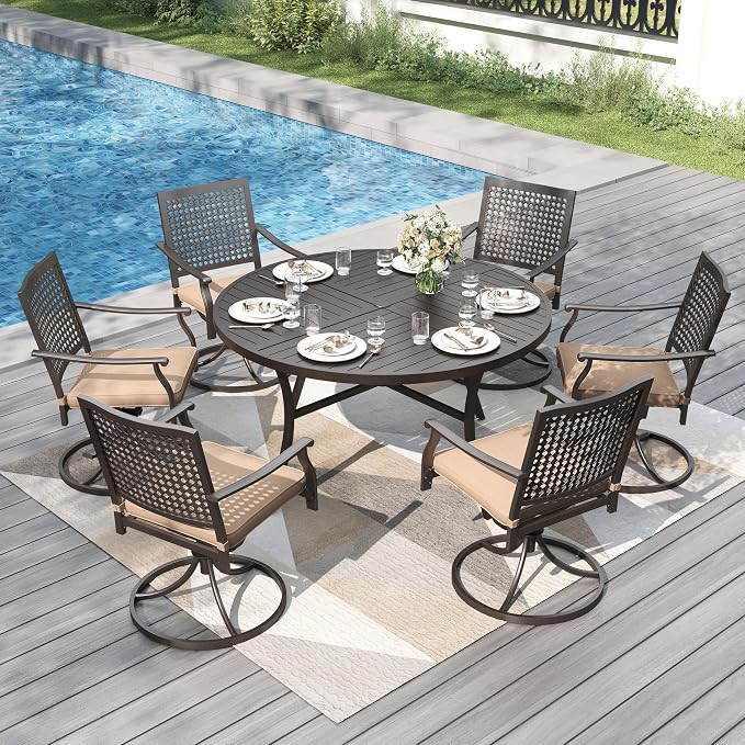 PHI VILLA Outdoor Dining Set for 6, 54" Round Metal Table & Swivel Chairs | 7 pcs black wrought iron furniture set w/ umbrella hole. All weather for patio, deck, yard, porch
