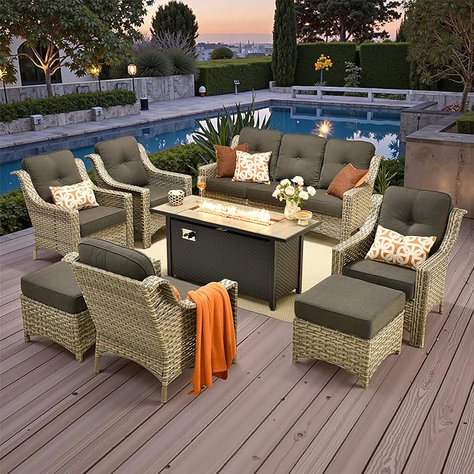 Outdoor Patio Furniture Sets, 8 PCS Patio Conversation Set Outside Rattan Sofa with 54 in Fire Pit Table Comfy Cushions Fit Backyard Porch Garden Poolside Balcony,Black