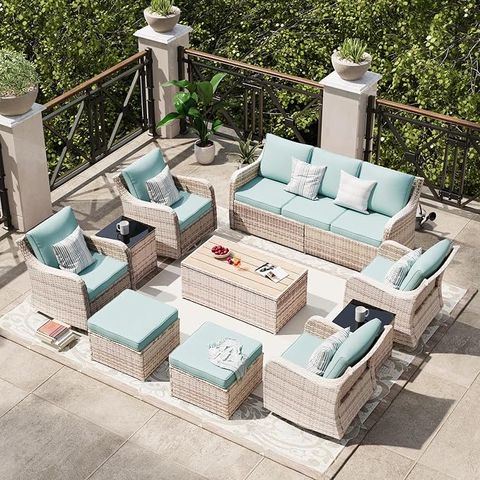 MEISSALIVVE Patio Furniture Set with Swivel Rocking Chairs, 10 Pieces Patio Conversation Set, Outdoor Wicker Sofa Couch with Waterproof Cushions for Lawn Backyard Porch (Blue)
