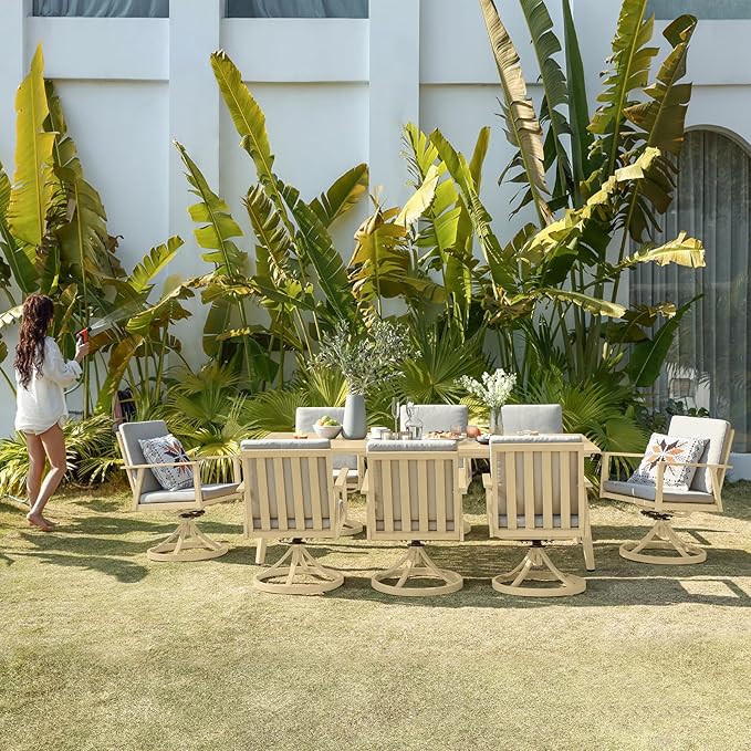 9 Pieces Outdoor Dining Set, Never-Rust Aluminum Patio Swivel Dining Set with Umbrella Hole, 360° Rotation Outdoor Patio Furniture Set, 8 Swivel Chairs and Table for Garden, Yard, Maple Wood