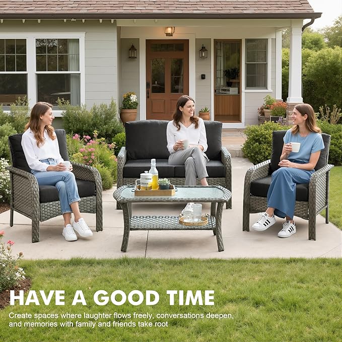 Weaxty Wicker Patio Furniture Set High Back Loveseat Sofa Couch Armchair Coffee Table, All Weather Rattan 4 Pieces Outdoor Conversation Sets for Patio Porch Deck Backyard Poolside, Black