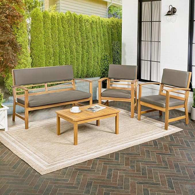 JONATHAN Y LVG1000B-4SET Barclay 4-Piece Modern Coastal Acacia Wood Conversation Outdoor Patio Set with Cushions Transitional, Classic, Traditional, Vintage, Mid-Century, Dark Gray/Teak Brown