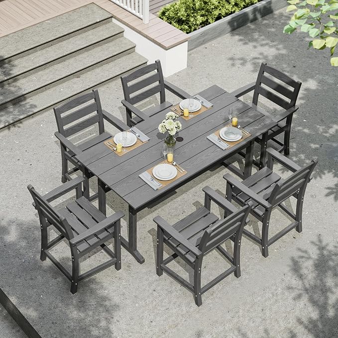 nalone 7-Piece Patio Dining Table Set, HDPE Outdoor Dining Sets with Table and 6 Chairs, Dining Furniture Set with Umbrella Hole (Grey, 7 Pcs)