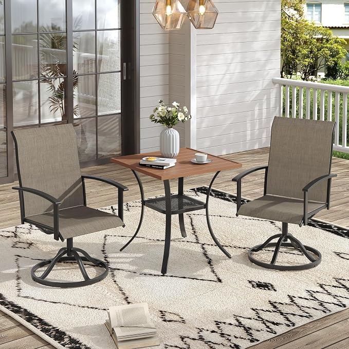 VICLLAX 3 Pieces Small Patio Dining Set-28 Small Outdoor Table and Swivel Patio Chairs Set for Deck, Lawn and Garden, Walnut Table and Mixed Brown Chairs