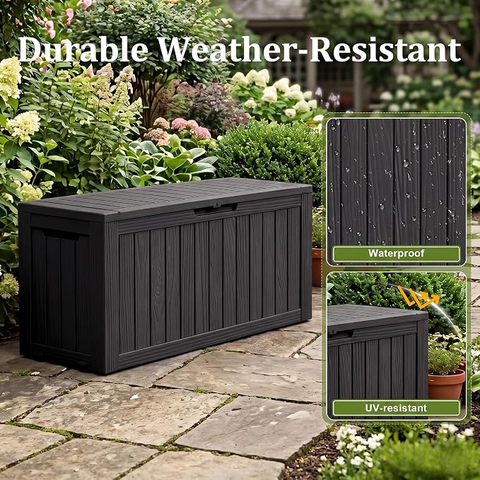 90 Gallon Deck Box Outdoor Storage Box Waterproof & Resin For Patio Furniture,Outdoor Cushions,Garden Tools and Pool Supplies Black