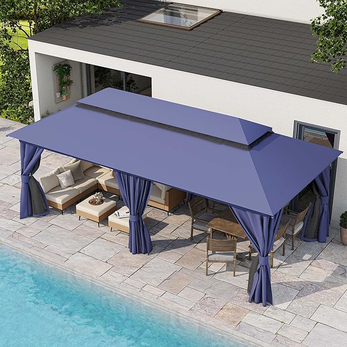 LAUSAINT HOME Patio Gazebo 10'x20', Outdoor Heavy Duty Party Tent Shelter with Double Roofs, Mosquito Nettings and Privacy Screens for Backyard, Garden, Lawn, Navy Blue