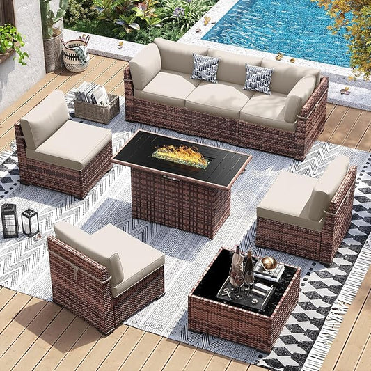 UDPATIO Patio Furniture Set with 44'' Fire Pit Table,Modular Outdoor Furniture Sets,Slanted Back Outdoor Sectional Conversation Set PE Rattan Sofa for Backyard W/Coffee Table,4'' Cushions,8 PCS,Khaki