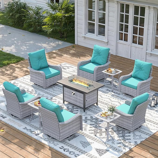 10 Piece Wicker Patio Furniture Set with 55,000 BTU Fire Pit Table, Swivel Rocking Chairs, 4''Cushions, PE Rattan, Wind Guard Glass, for Backyard, Deck or Balcony, Blue