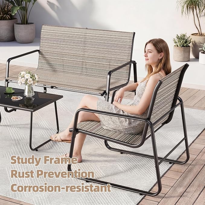 ALAULM 4 Pieces Outdoor Patio Furniture Set, Metal Patio Conversation Set with Easy Assembly Textilene Chairs & Glass Coffee Table for Garden, Backyard, Porch, Poolside-Brown