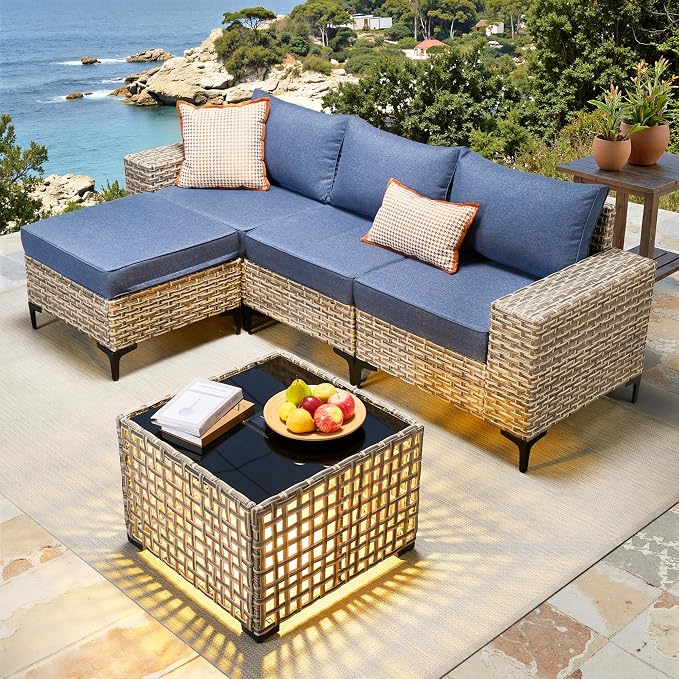 Patio Furniture Set, 5 Pieces Outdoor Wicker Conversation Sets with Coffee Table Outdoor Sectional Sofa for Balcony Backyard Poolside Garden Lawn (Blue)
