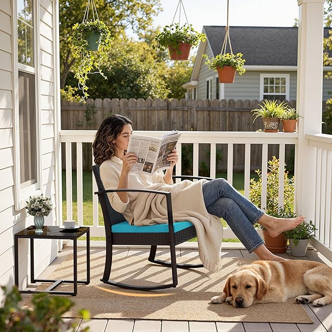 Greesum 3 Piece Patio Furniture Set, All-Weather Imitation Rattan Conversation Set, Outdoor Rocking Chair Bistro Set with Glass Top Coffee Table for Pool, Deck, Porch, Garden or Balcony, Blue