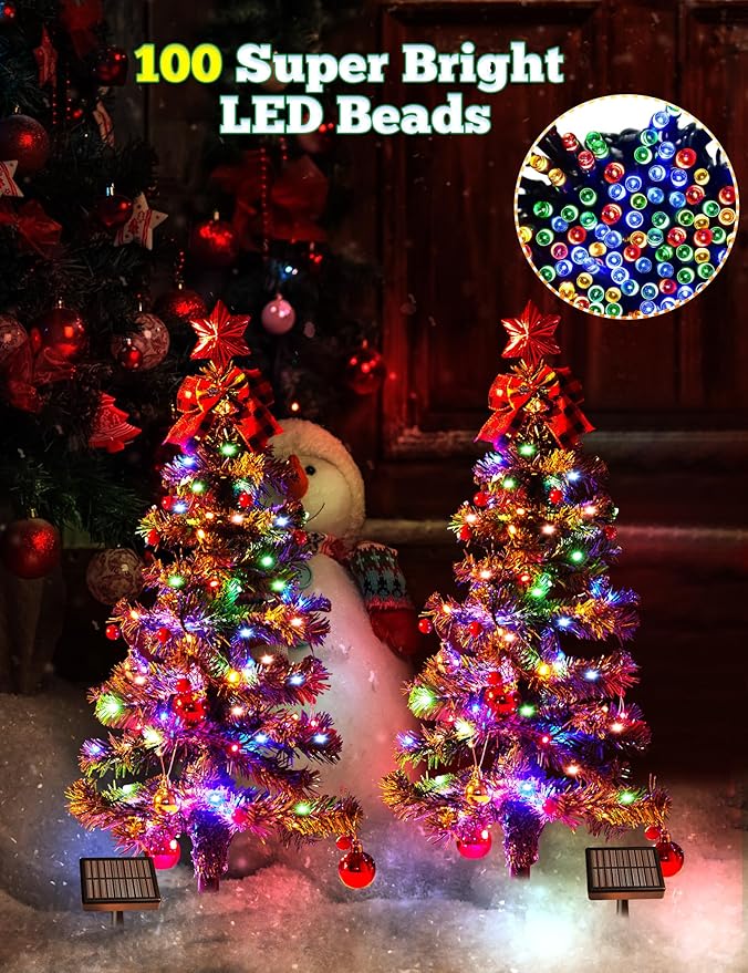 100LED Solar Christmas Tree Lights Outdoor Waterproof, 8 Modes Large Solar Christmas Trees Lights with Xmas Ball & Red Berry, Solar Powered Christmas Decorations for Outside Pathway Garden Yard Decor