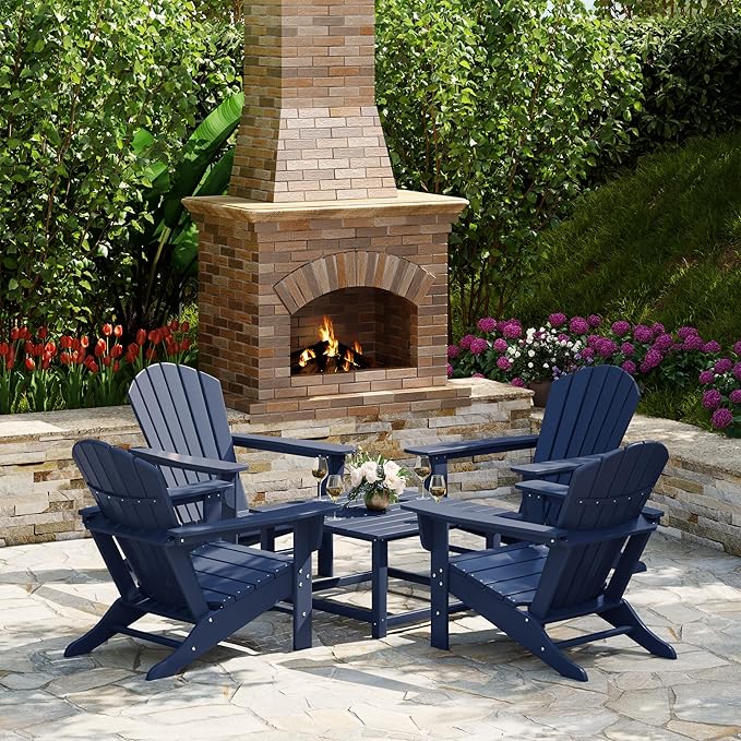 Costaelm Patio Conversation Set, Patio Chairs Set of 5 Balcony Firepit Furniture Outdoor Adirondack Square Table and Chair Backyard Furniture Set for Lawn Porch Pool Garden, Navy Blue