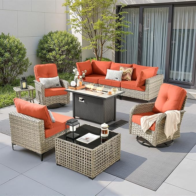 9 Pieces Outdoor Sectional Patio Furniture Set with 42" Fire Pit, Conversation Sets Rattan Wicker L Shaped Couch Swivel Rocking Chairs for Porch Balcony Backyard, Coarse Stripes Red