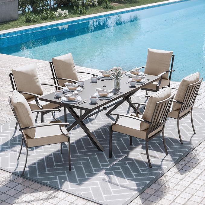 ALAULM 7-Piece Patio Dining Table and Chairs Outdoor Dining Set for 6 Patio Dining Sets with Rectangular Metal Table with Umbrella Hole for Patio, Backyard, Garden-Sand