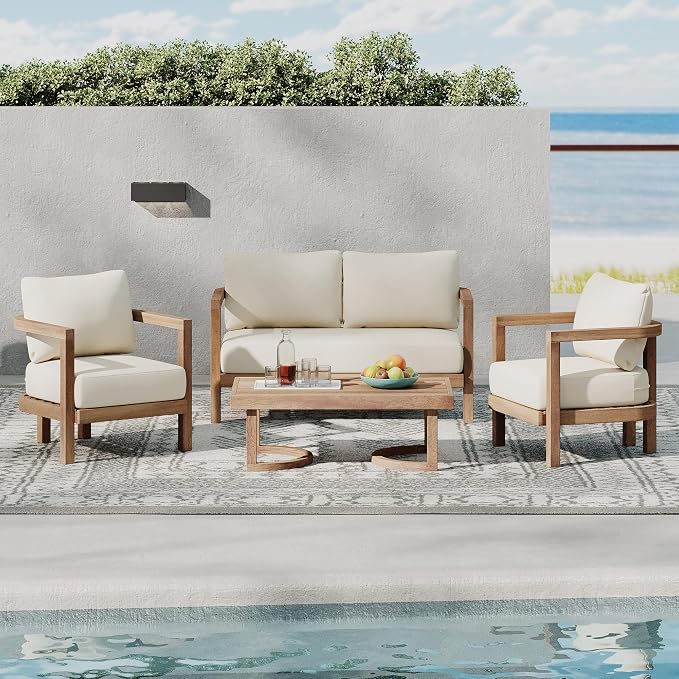 Merax 4-Piece Outdoor Acacia Wood Patio Furniture Conversation Set,Sofa Couch with Coffee Table,for Backyard