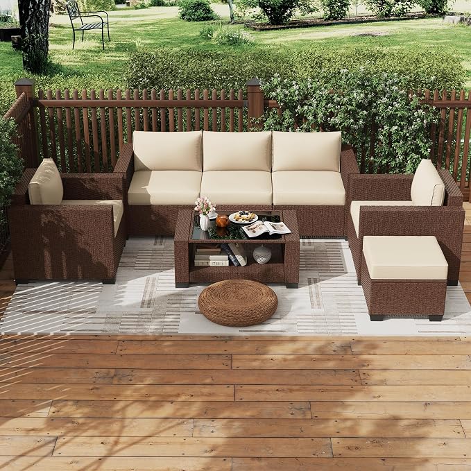 KIGOTY Patio Furniture Set 7 PCS Patio Conversation Sets, All-Weather PE Rattan Outdoor Sectional Sofa with Cushion and 2- Tier Glass Coffee Table（Brown/Beige）