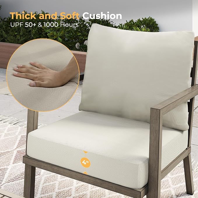 HAPPATIO Aluminum Patio Furniture Set, 3 Pieces Conversation Set with Thick Cushions and Side Table, Waterproof and Rustproof for All Weather, Seating Sofa for Garden, Backyard, Porch, Grey
