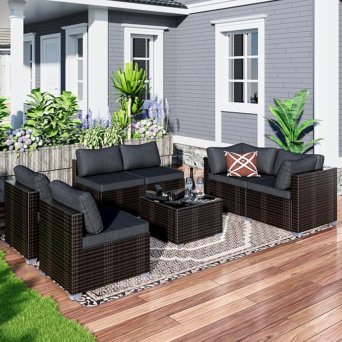 Patio Furniture Set All-Weather Outdoor Sectional Patio Furniture Set Including 7-Seated Sofa, for Any Patio,Black