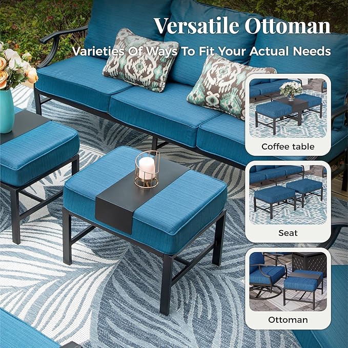 Patio Furniture Set 7 pcs, Outdoor Patio Furniture, 3-Seat Sofa, 4 Single Chairs, 2 Ottomans and 5.75" Extra Thick Cushion, Conversation Set for Backyard Deck,Gemstone Blue