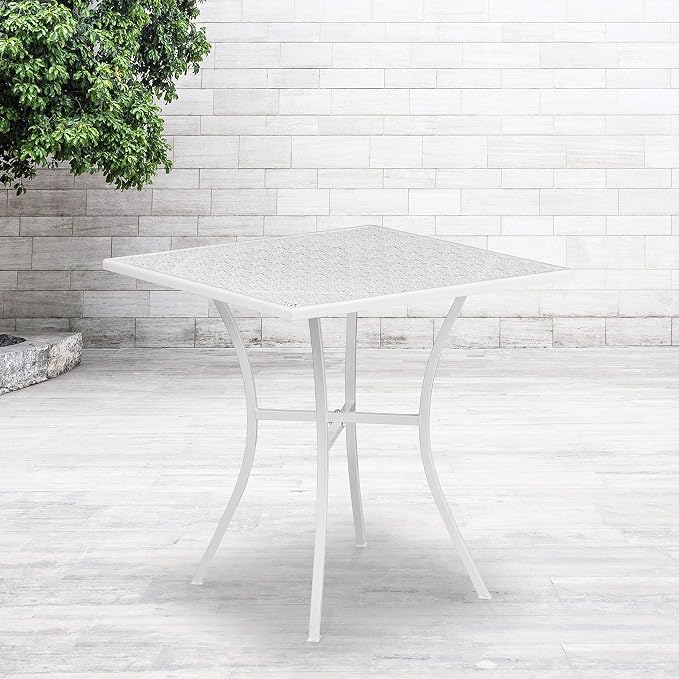 BizChair Commercial Grade 28" Square White Indoor-Outdoor Steel Patio Table