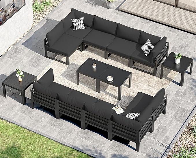 NICESOUL 14 Piece Extra Large Modern Aluminum Patio Furniture Set, Modular Outdoor Conversation Set with Coffee Table, 500 lbs Heavy Duty Comfortable Sectional Sofa for Poolside Exterior, Black