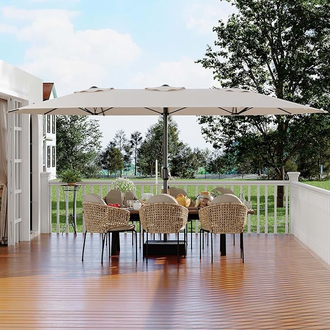 Garvee 15 ft Rectangular Patio Umbrella with Base Included - Large Patio Umbrella with Crank Handle, UV Protection for Outdoor Market, Backyard, Pool - Beige