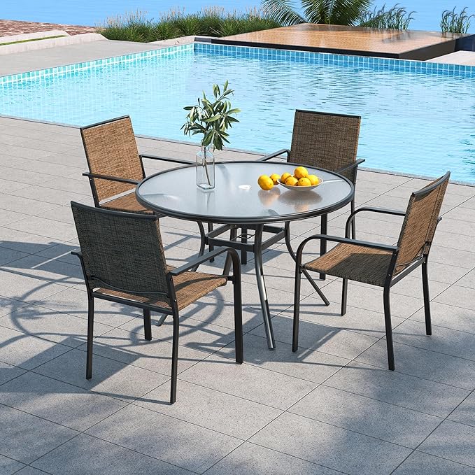 Anmutig 5 Piece Outdoor Patio Dining Set, 40" Round Glass Table with 4 Stackable Chairs - Brown Tan