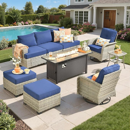 Rattan Patio Furniture Set with Fire Pit Table,9 Pieces Outdoor Sectional with Swivel Chairs Ottoman,Out Door Furniture Conversation Set,Navy Blue