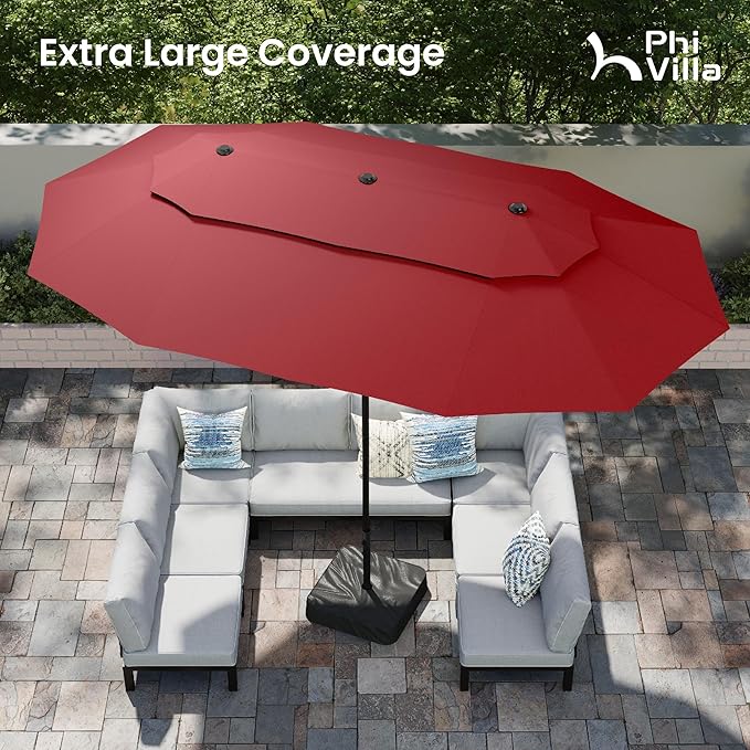 PHI VILLA 15ft Large Patio Umbrellas with Base Included, 2-Tier Outdoor Double-Sided Rectangle Market Umbrella with Stand, Outside Umbrellas for Poolside Lawn Backyard, Wine Red