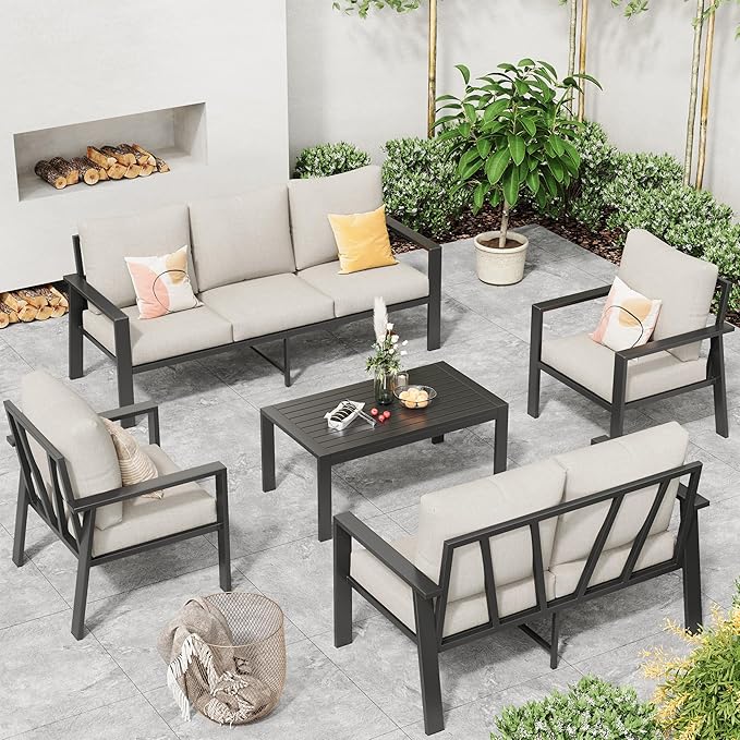 Aluminum Patio Conversation Set 5 Pieces Metal Deck Outdoor Furniture 7-Seat All-Weather Rust-Proof Sectional Sofa Set with Removable Cushion for Balcony, Yard, Poolside & Small Spaces