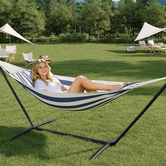 Double Hammock with Stand - Heavy Duty 450lbs Capacity, Portable Cotton Hammock for Two Adults, Indoor & Outdoor Use with Travel Bag, Blue&White Stripe Pattern