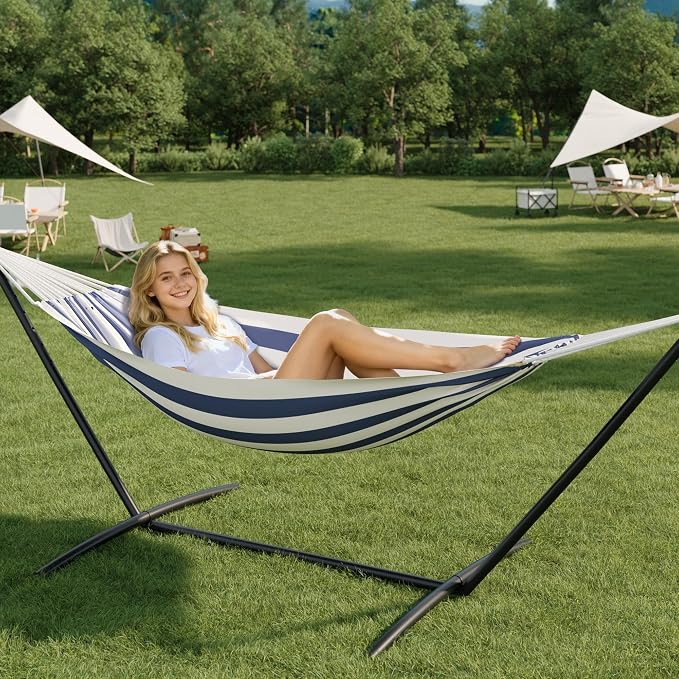 Hammock with Stand for Outside, Upgraded Carrying Case，Easy Assembly, Portable Space Saving Heavy-Duty Steel Frame，Perfect for Outdoor & Indoor,Blue & White