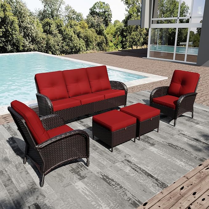 Joyside Wicker Patio Furniture Set, 5 Piece Outdoor Furniture Set with Thickened Cushions, High Back, Deep Seating, Wide Armrest, Rattan Outdoor Chairs for Porch, Deck