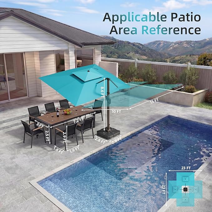 10 X 13 FT Cantilever Patio Umbrella with Led Lights Outdoor Rectangle Offset Large Double Top Heavy Duty Umbrellas with 360°Rotation for Pool Deck Backyard Garden, Turquoise