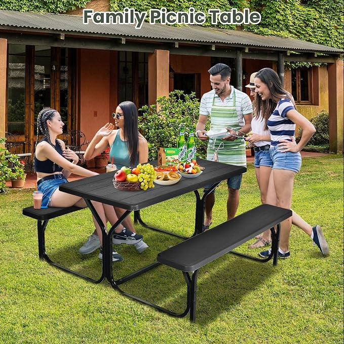 Picnic Table, Camping Portable Picnic Table Bench Set for 4 Persons, Heavy-Duty Steel Frame & Resin Tabletop, All Weather Outdoor Picnic Tables for Patio Travel BBQ Party Garden (Black)