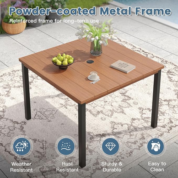 DIFY 5 Pieces Outdoor Patio Dining Set for 4, 40.2" Walnut Square Metal Dining Table and 4 Black Metal Stackable Dining Chairs, Outdoor Table and Chairs for Lawn Garden Poolside