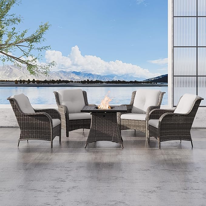 5 Pcs Patio Furniture Set with Fire Table-31'' Fire Pit Table, 4 Outdoor Rattan Wicker Conversation Chairs (4 Fixed Chairs) (Beige)