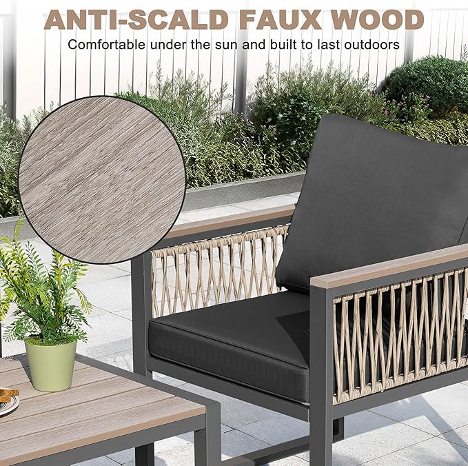 NUU GARDEN 4 Pieces Outdoor Patio Furniture Set, 4 Seats Outdoor Sectional with Coffee Table, Wicker Patio Conversation Sets with Armrests and Cushions Patio Set for Backyard, Garden and Poolside