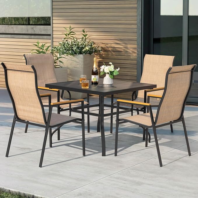 NUU GARDEN 5 Piece Outdoor Patio Dining Set for 4, Slatted Table with Umbrella Hole and 4 Stackable Textilene Chairs with Faux Wood Armrests, Black and Khaki