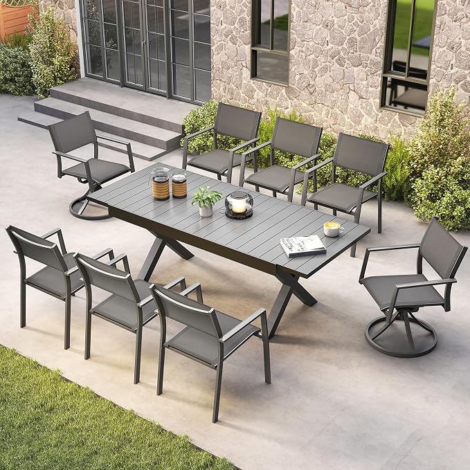 Outdoor Dining Set, 9 Piece Expandable Dining Table and Patio Swivel Chairs Set, Aluminum Patio Furniture Set for Table with Umbrella Hole and 8 Chairs for Patio, Garden, Lawn, Deck(Black)