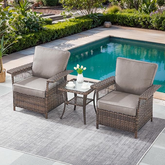 Patio Furniture Set 2 Wicker Patio Chairs with PE Rattan Side Table Set Brown Wicker Grey Cushions Patio Conversation Set 3pcs for Garden Balcony Sunroom Backyard Deck Porch