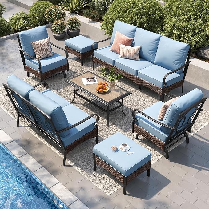 PHI VILLA Patio Furniture Set, Extra Large Wicker & Metal Outdoor Conversation Set Patio Sectional Sofa Set with Rocking Chair & Waterproof Thick Cushions for Porch, Poolside, Deck(7 Pieces, Blue)