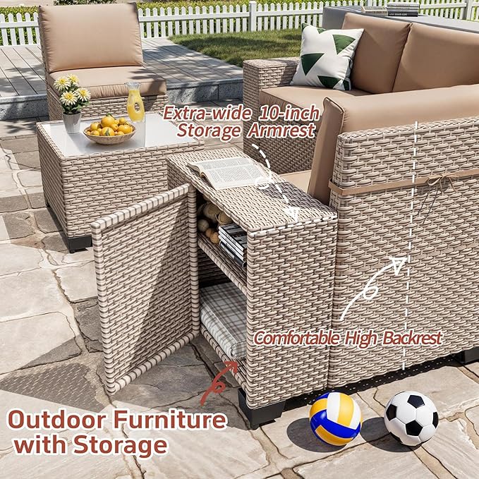 13 Pieces Patio Furniture Set with Fire Pit Table, Outdoor Sectional Wicker Sofa with Thickened Cushions and Coffee Table, High Back Rattan Patio Conversation Sets, Khaki